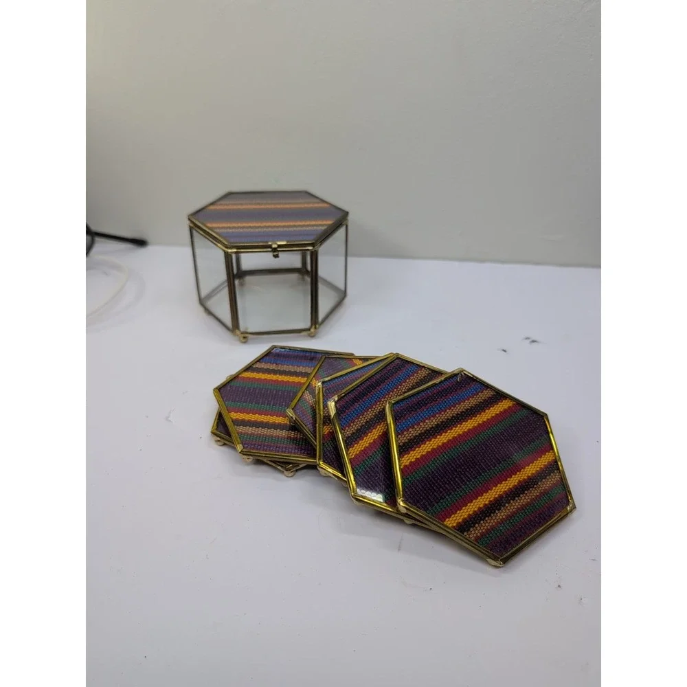 Elegant Glass Coasters In‎ Glass & Brass Case Multicolor Patchwork Set Of 6
